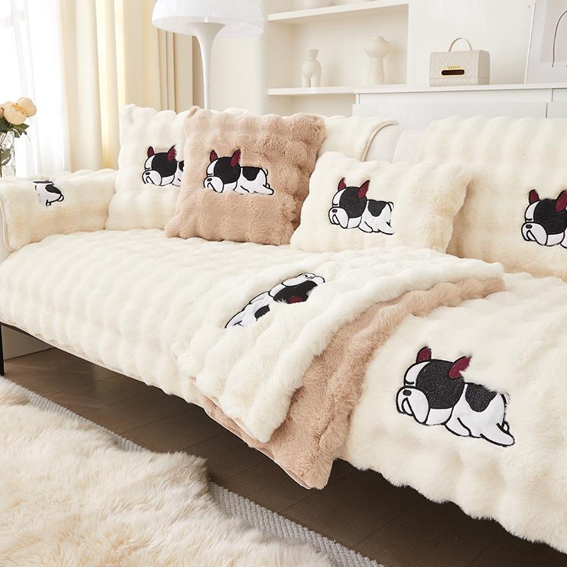 Large Rabbit Fur Plush Sofa Cushion - Winter 2025 Fleece Lined, Thickened, Non-Slip Leather Cover