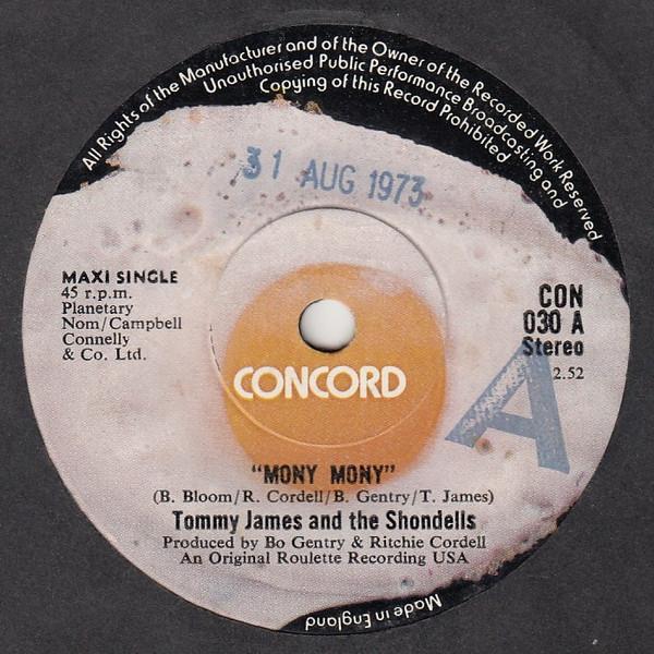 

7inch Record TOMMY JAMES & THE SHONDELLS - Mony Mony CON030 Concord 1973 UK Rock Used