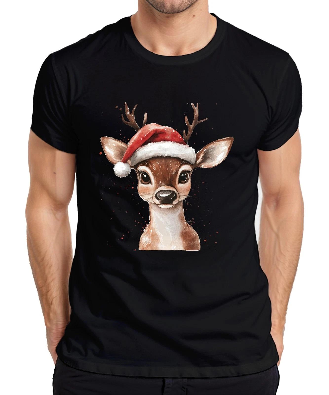 Christmas Reindeer Watercolour Fawn Cute Santa Gift Kids Mens T-Shirt- S