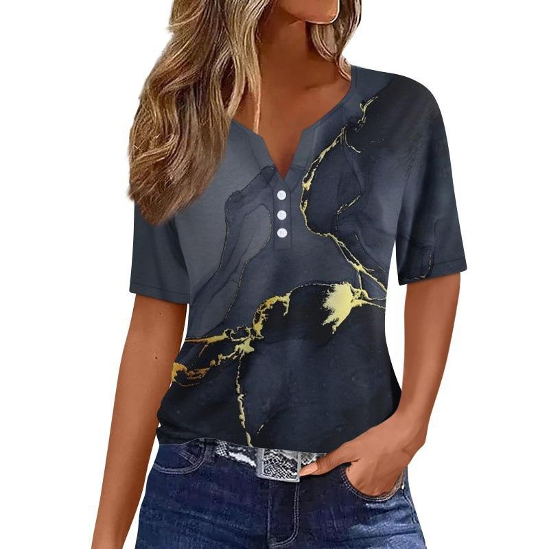Print Short Sleeve European Style Women Clothing T-Shirt V-Neck