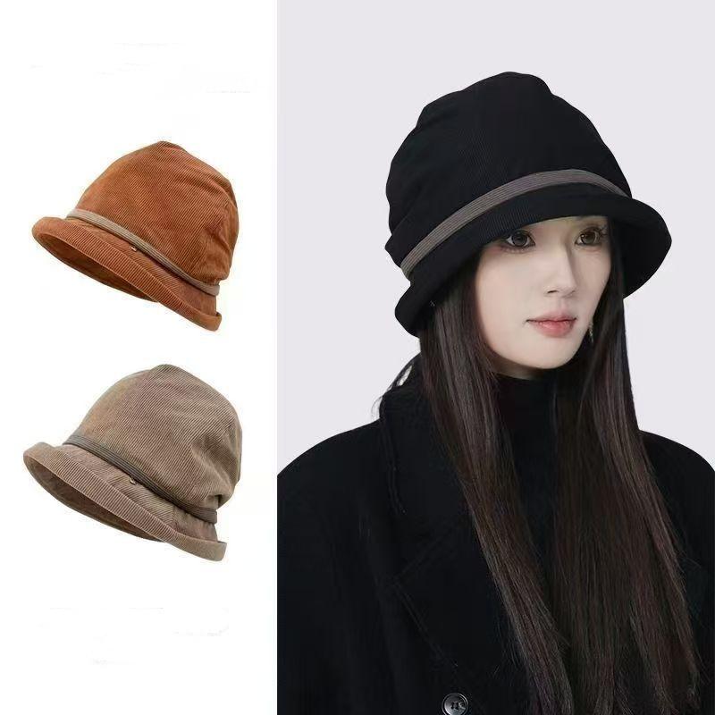 Fashion Women's Corduroy Hat Autumn Winter Warm Fisherman Cap Retro Casual Versatile Bucket Cap Solid Color Outdoor Pile Cap