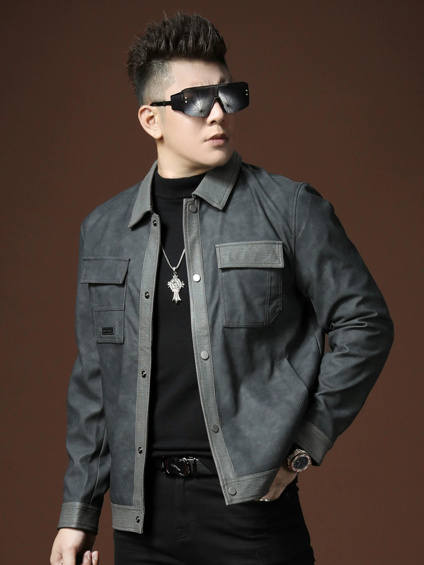 European Trendy Brand Lapel Leather Jacket Men s Clothing 2025 Autumn New Motorcycle Jacket Trendy Workwear Leather Jacket Men s Outerwear L серый
