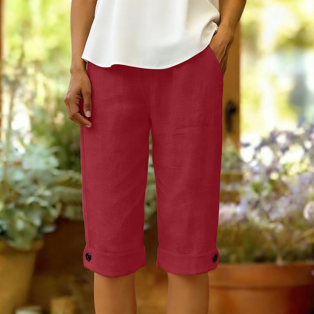 Women's Summer Fashion Color Elastic Waist Cotton Linen Five Quarter Pants Casual Loose Rolled Edge Pocket Shorts