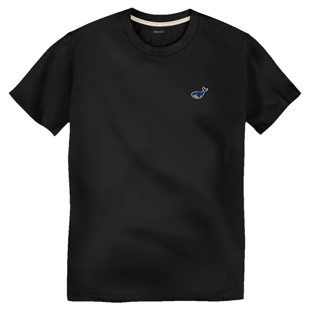 OKSTAR Light Cotton 30-Count Mini Whale Embroidered Short Sleeve Tee