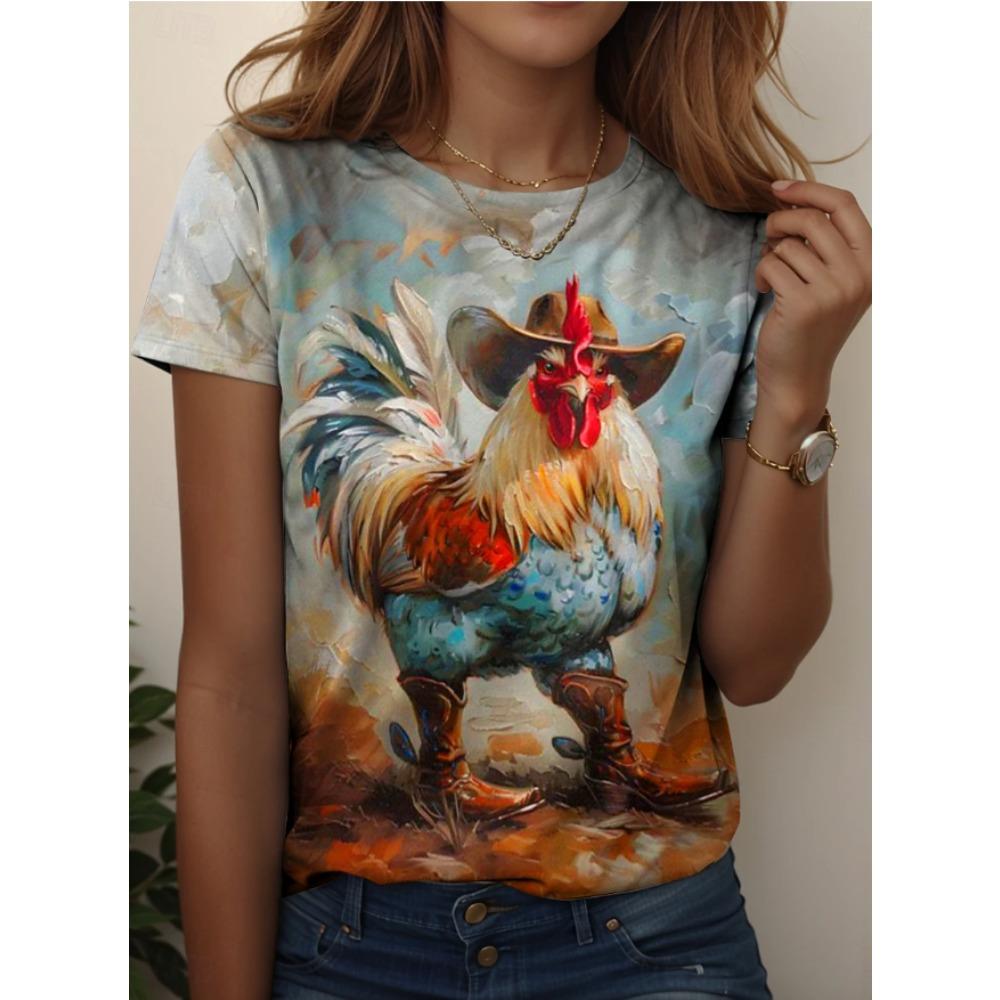Fashion Women Retro Creative Chicken Pattern Print T Shirt Funny Casual O-neck Short Sleeves T-shirt Summer Female Tee Shirt
