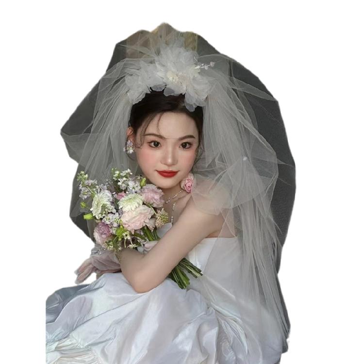Свадебная фотография Невеста Длинная фата с бисером Цветок Фотография Головной убор 1