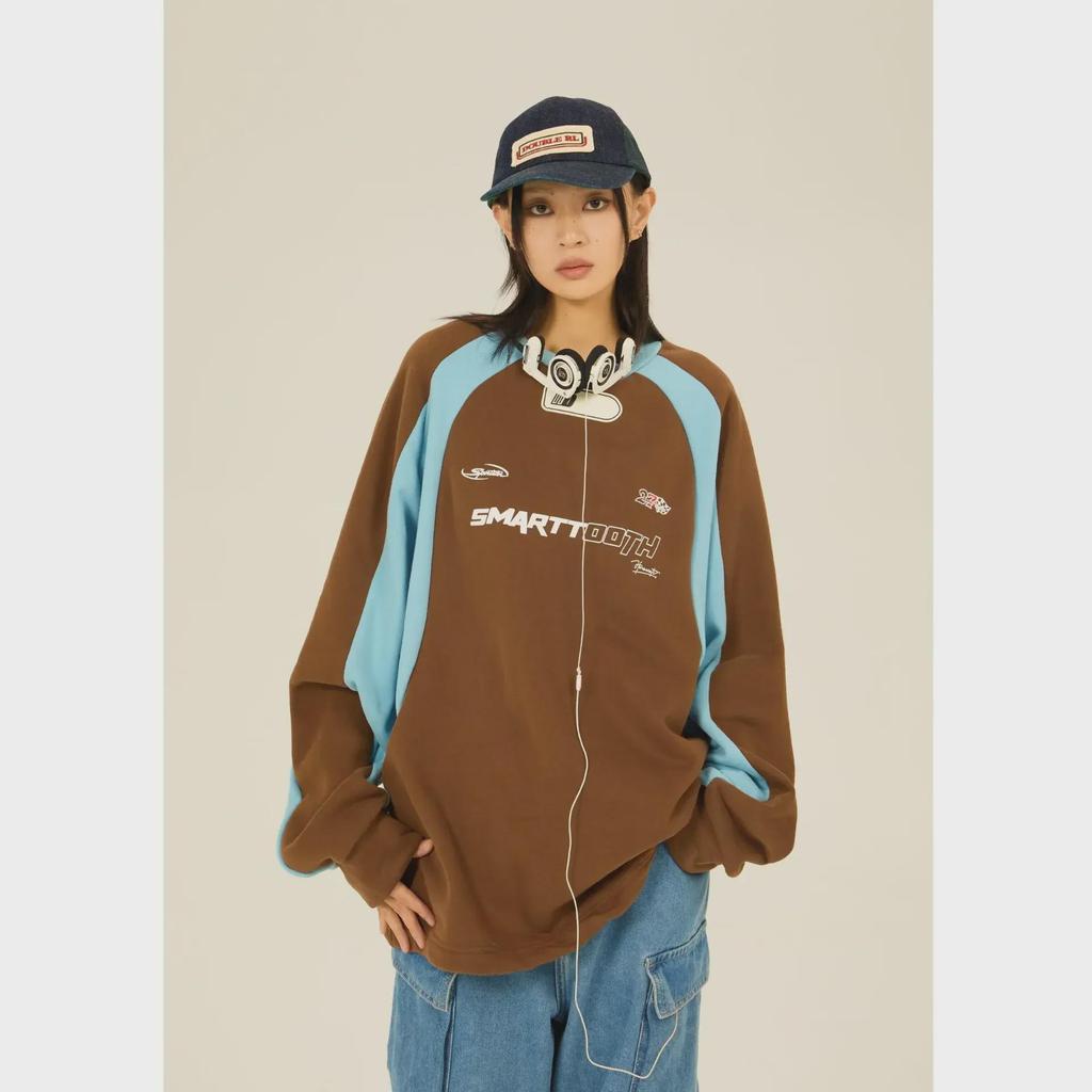 Trendy Streetwear Contrast Raglan Sleeve Racing-Style Motorcycle T-Shirt for Couples