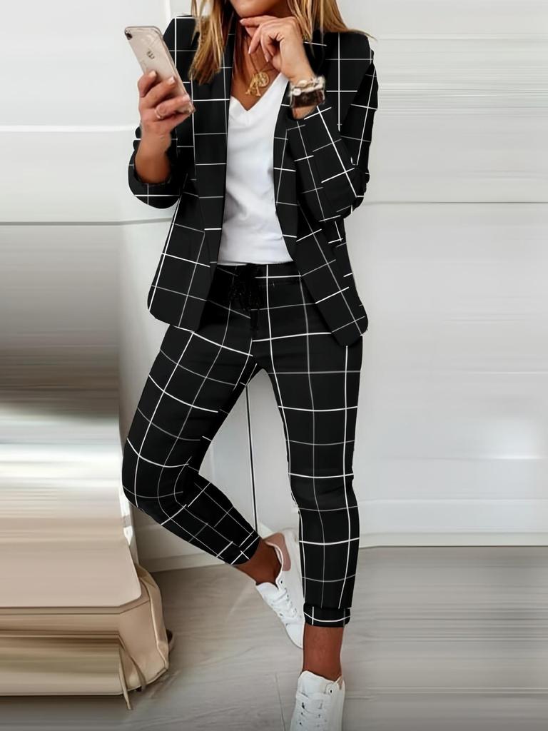 Women's Autumn Black & White Printed Casual Suit with Lined Pants