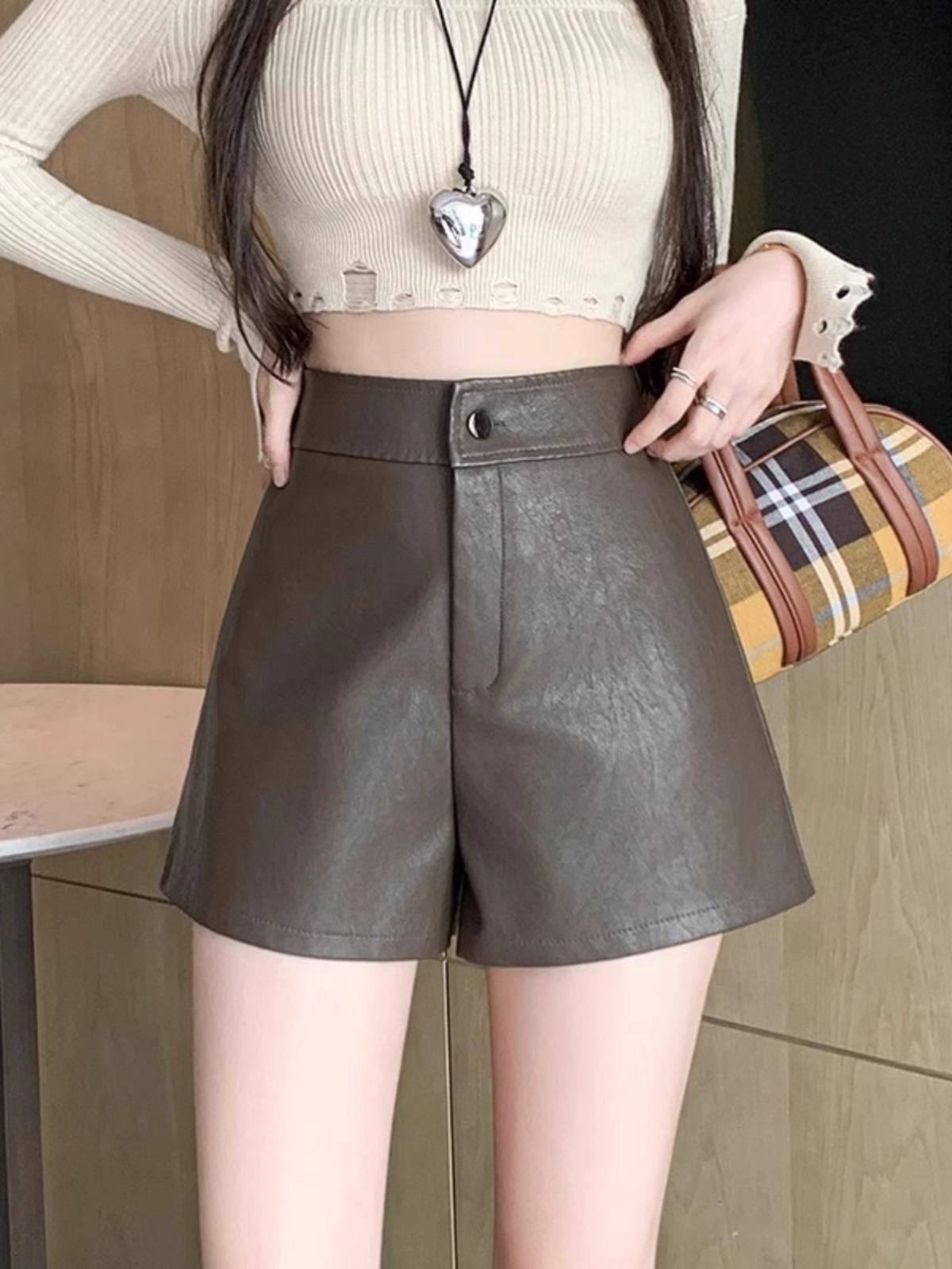 

High Waist Coffee PU Leather A-Line Shorts for Women - Autumn/Winter 2025 XL кофейный