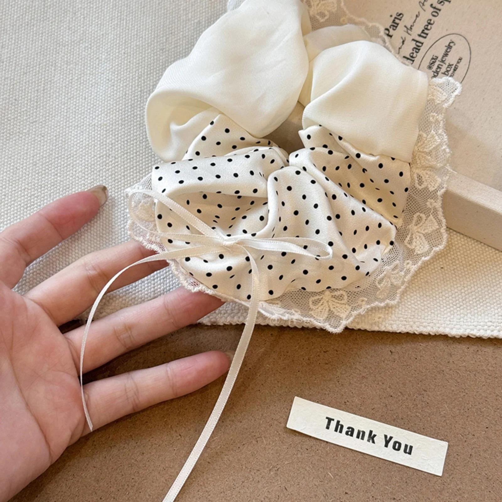 Soft Lace Polka Dot Satin Scrunchie, Sweet Bow Ribbon Hair Tie, Coquette Aesthetic Hair Accessory Women Daily Casual Hair Tie