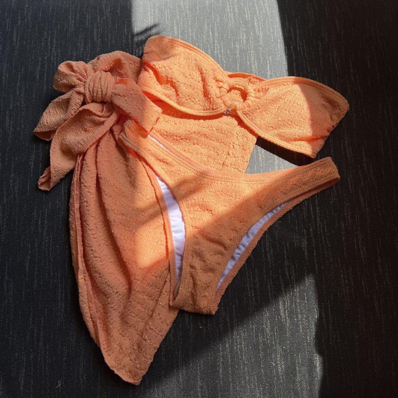 Women Solid Textured Strapless Three Pieces Bikini Swimsuit Swimwear