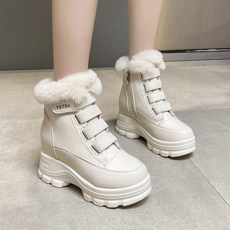 Women's Fur Snow Boots Winter Thick Bottom Short Boots 7cm Heels Round Toe Warm Plush Platform Boots Fashion Causal Ankle Boots