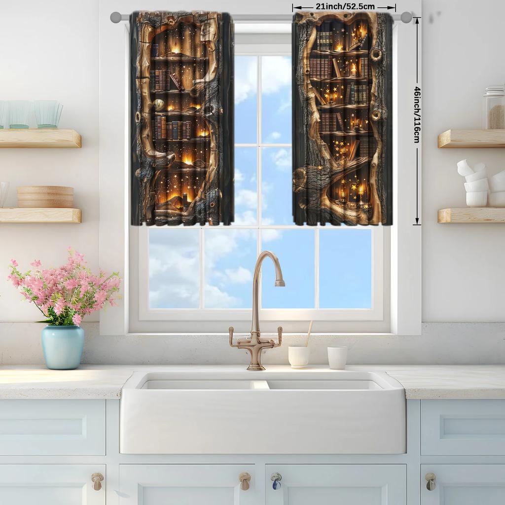 2pcs Tree Hole Bookshelf Printed Curtain - Artistic Home Decoration Curtains   All Season Decorative Curtains