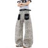 American Retro Old Washed Leopard Print Splicing Jeans Lazy and Loose Floor Pants Men's and Women's Patch Pockets Trendy