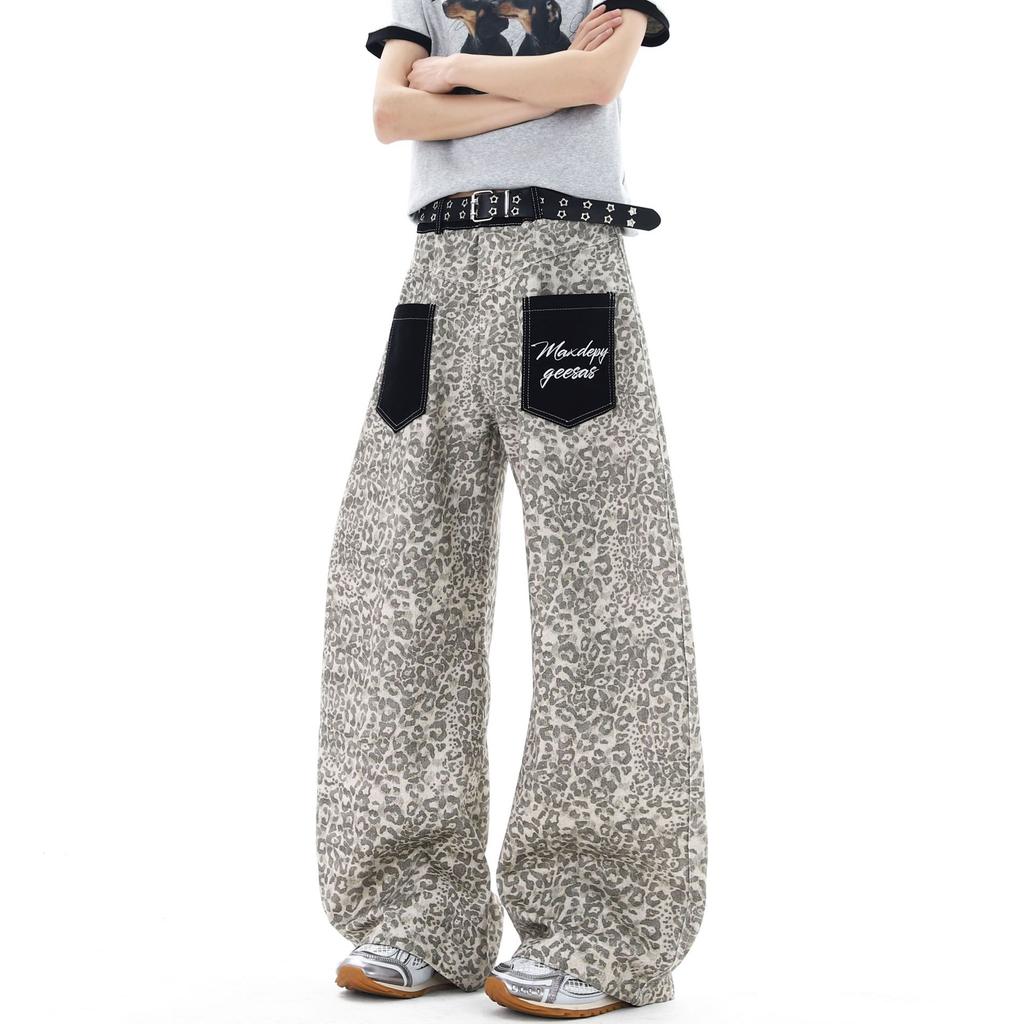 American Retro Old Washed Leopard Print Splicing Jeans Lazy and Loose Floor Pants Men's and Women's Patch Pockets Trendy