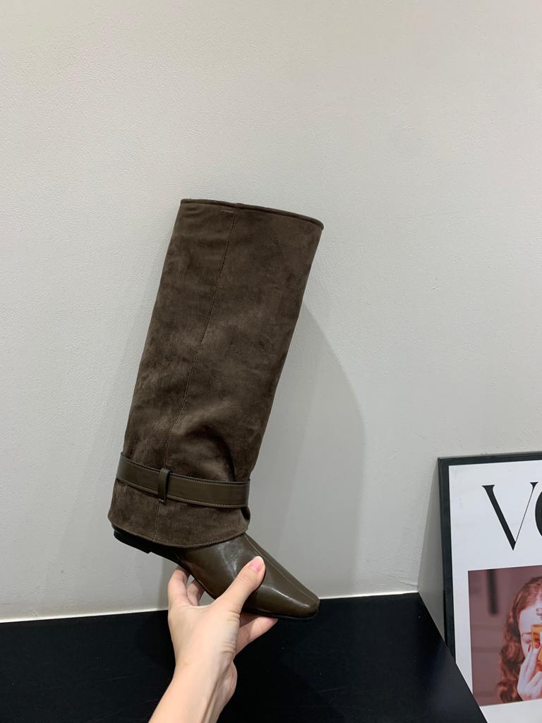 Inner Height Increasing Suede Pants Boots Long Knight Boots Women's Boots Autumn and Winter Square Head Skinny Pile Boots Long Boots