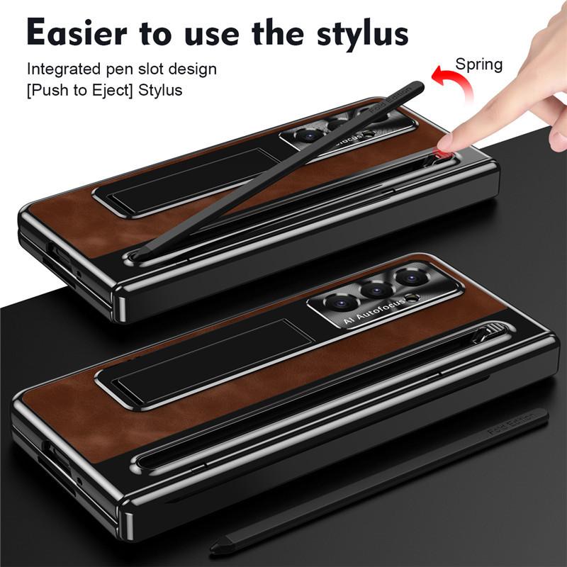 PU Leather Hinge Case For Samsung Galaxy Z Fold 8 Ultra 6 5 4 Fold8 5G S Pen Slot Holder Bracket Glass Film Protector Cover
