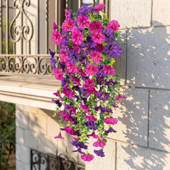 Artificial Flowers for Outdoor, Fake Hanging Morning Glory with Eucalyptus Leaves, UV Resistant Faux Plants Petunias Trailing Vines for Porch, Patio,