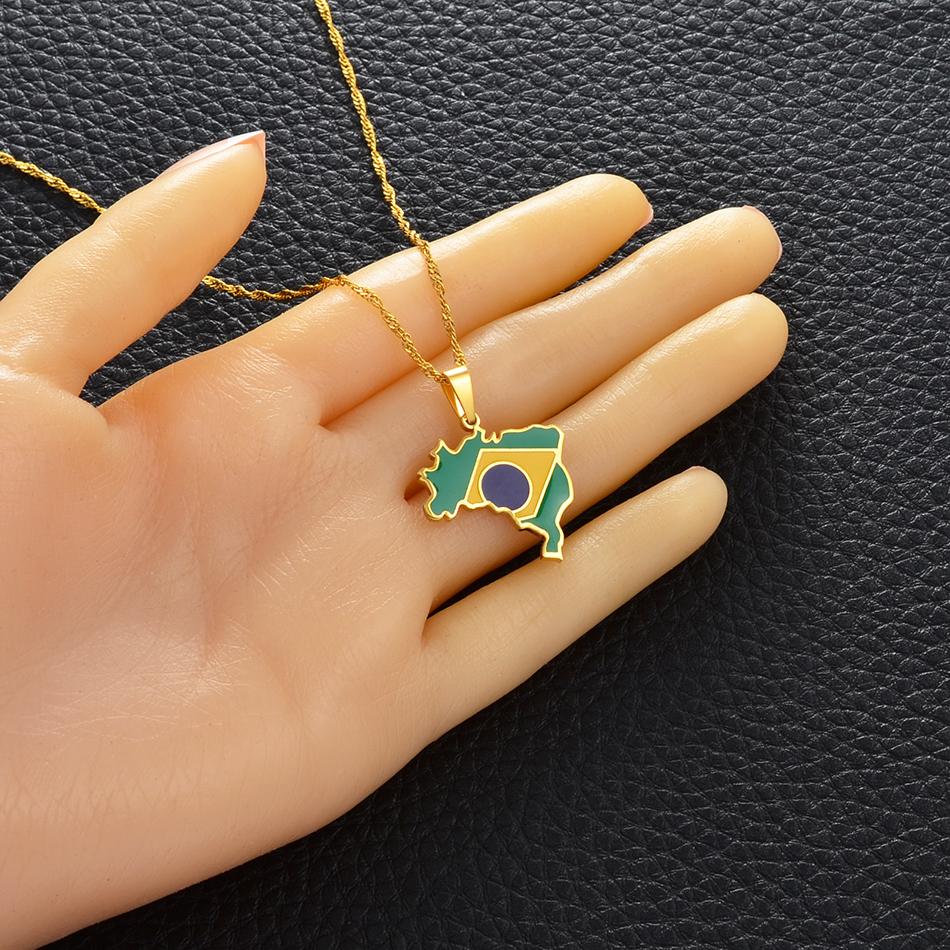 Anniyo Brazil Map and Flag Pendant & Necklace Brasil Maps Silver Color/Gold Color Jewelry #315921