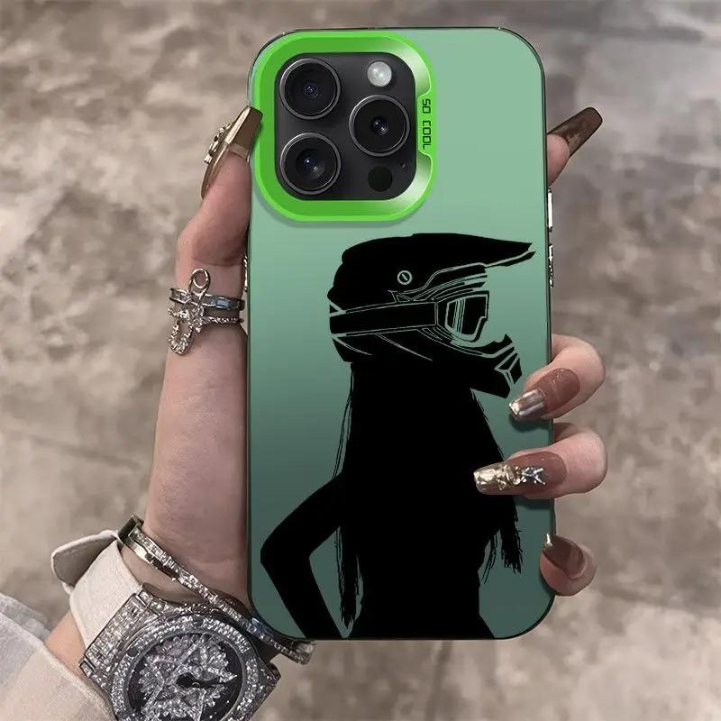 Silhouette Design of a Girl with Long Hair Wearing a Motorcycle Helmet Phone Case For iPhone 17 Pro Max 16 15 14 13 12 11 Cover
