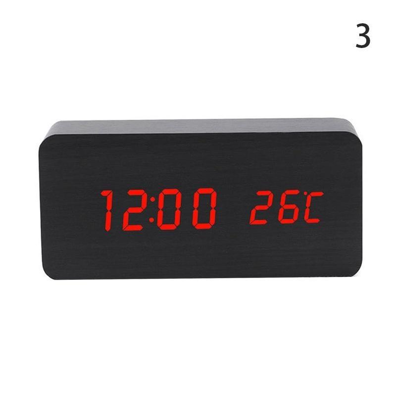 LED Wooden Alarm Clock Time Thermometer Snooze Voice Control Digital Table Clock