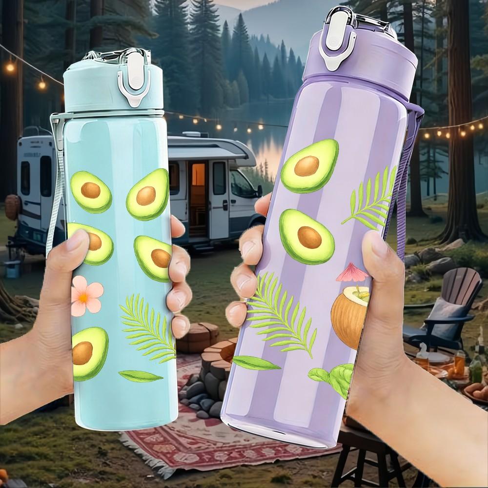 1PC Avocado Fruit Tropical Pattern Print 750ml Color Plastic Sports Water Bottle Leakproof Flip Straw Lid Suitable for Sports Office Home Use