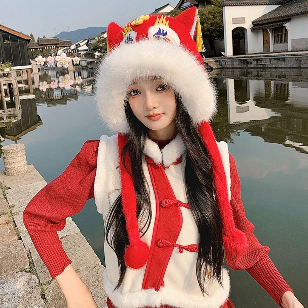Tassels New Year Pullover Cap Lace Up Scarf Gloves Hat Kawaii Lion Dance Beanies Hat  Female/Girls