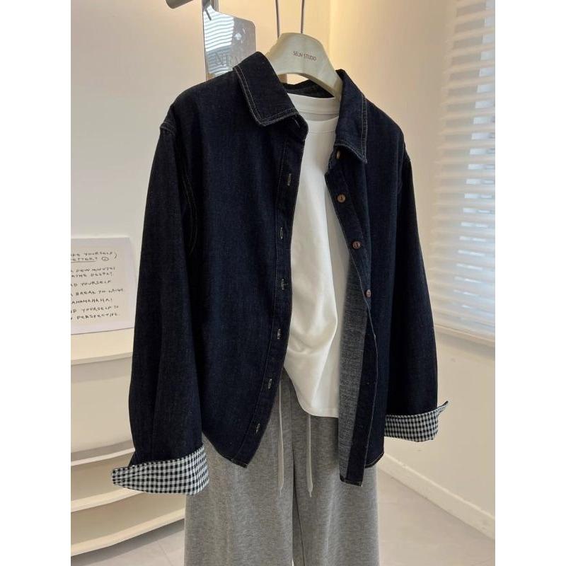 

Модная Ретро Джинсовая Куртка Поло Синяя Рубашка Весна Приталенный Универсальный Топ S синий