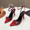High Sense Cut Masculine Temperament Socialite Open Toe Pointed Rhinestone Square Buckle with High Heels Sandals 2025 Summer Fashion