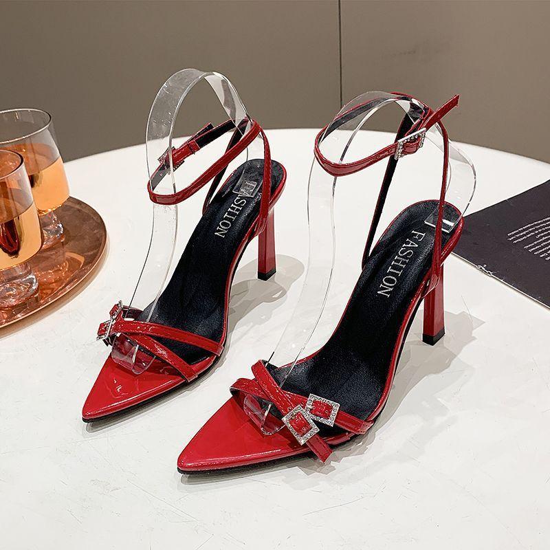 Fashion High Sense Celebrity Temperament 2025 Summer Open-toed Pointed Rhinestone Square Buckle with Cut Men's High-heeled Sandals