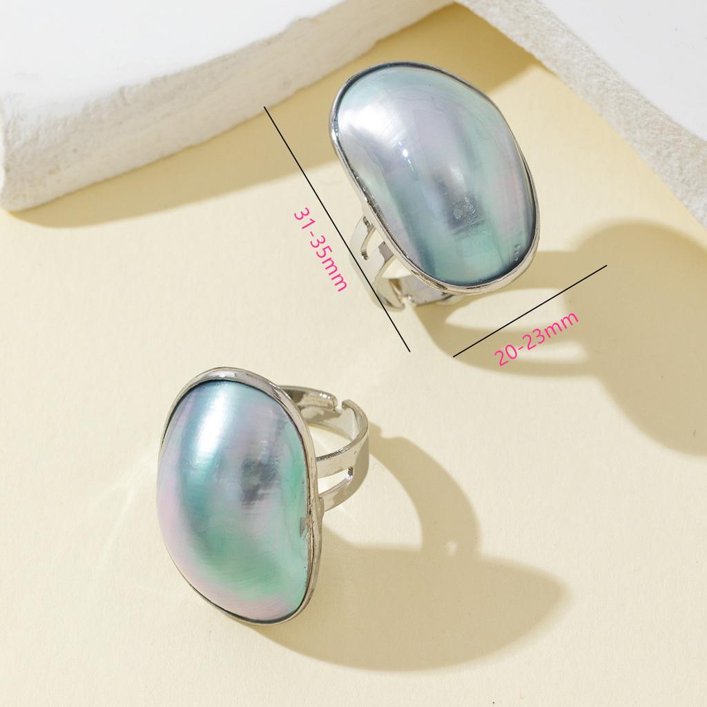 1 Pc Natural Shell Open Adjustable Ring Large Oval Abalone Shell Cabochon Open Band Statement Finger Ring for Women Jewelry