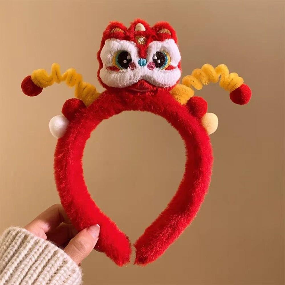 Embroidered Bow New Year Hair Hoop Lion Hanfu Hair Accessories Sweet Red Plush Headband  Kids