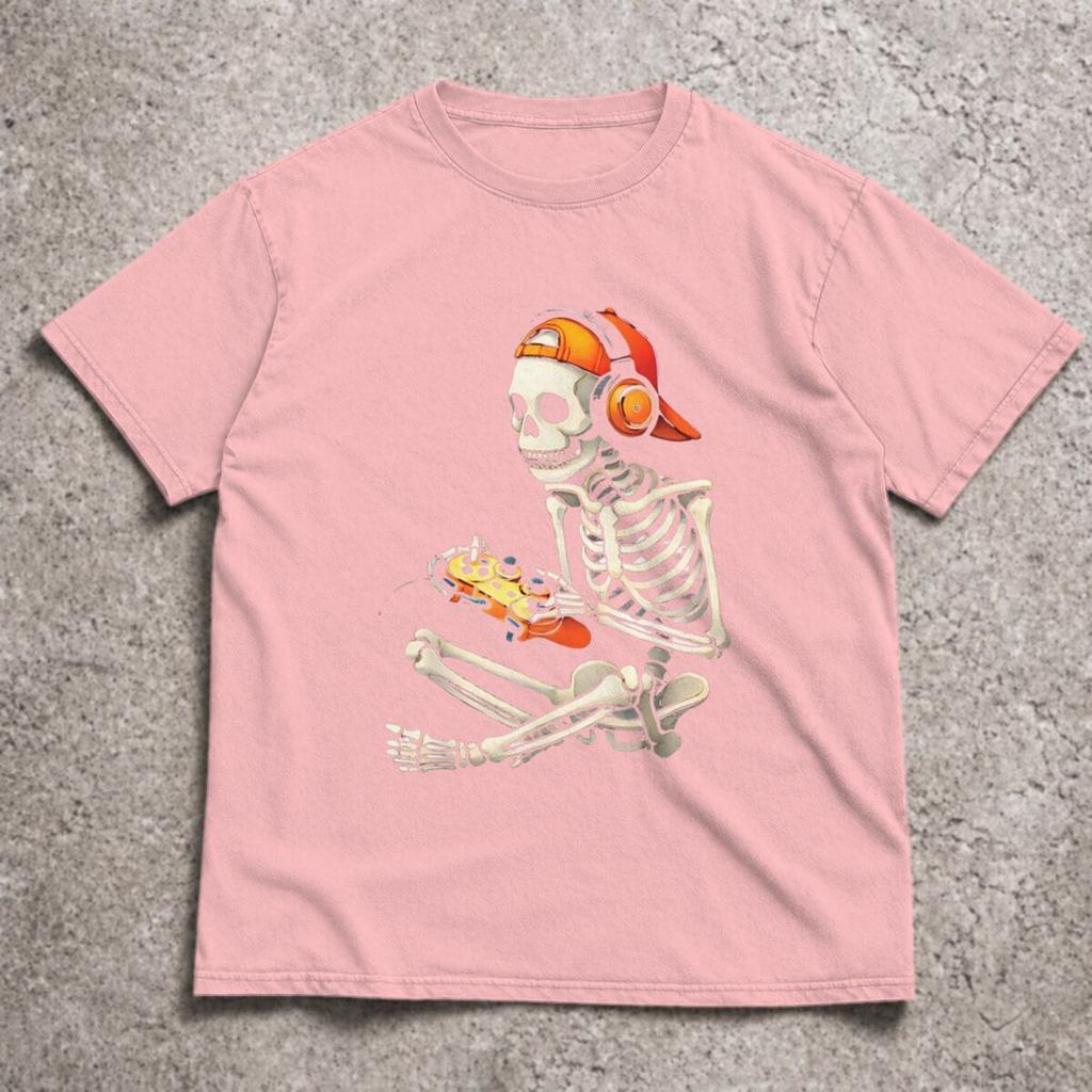 Halloween Skelett Gamer T-Shirt Videospiel Jungen Unisex T-Shirts T-Shirt Klassische Coole T-Shirts Oberteile Runde Kurzarm T-Shirts Oberteile