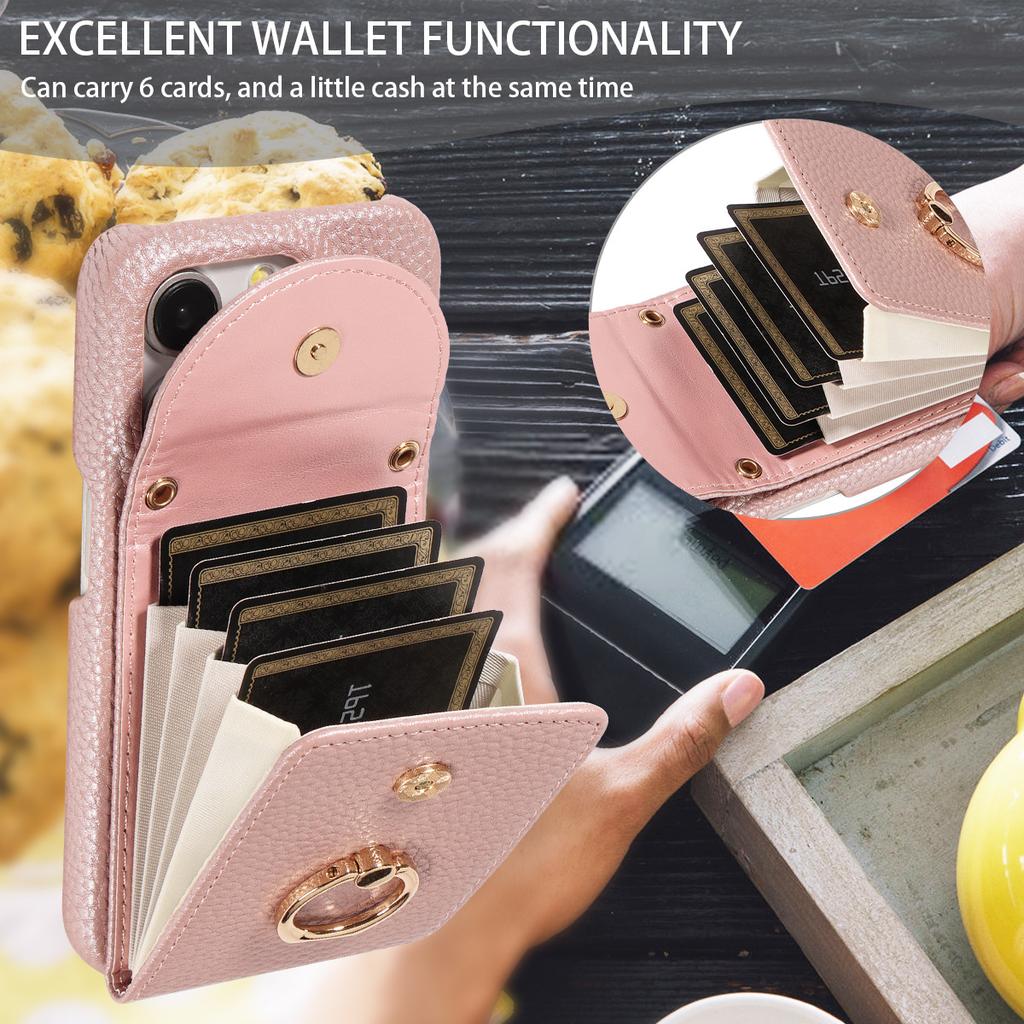 Litchi Texture Wallet Case for iPhone 16 Pro Max/15 Plus, Rugged Shockproof Cover with Card Holder & Ring Kickstand, Heavy Duty Protective Case