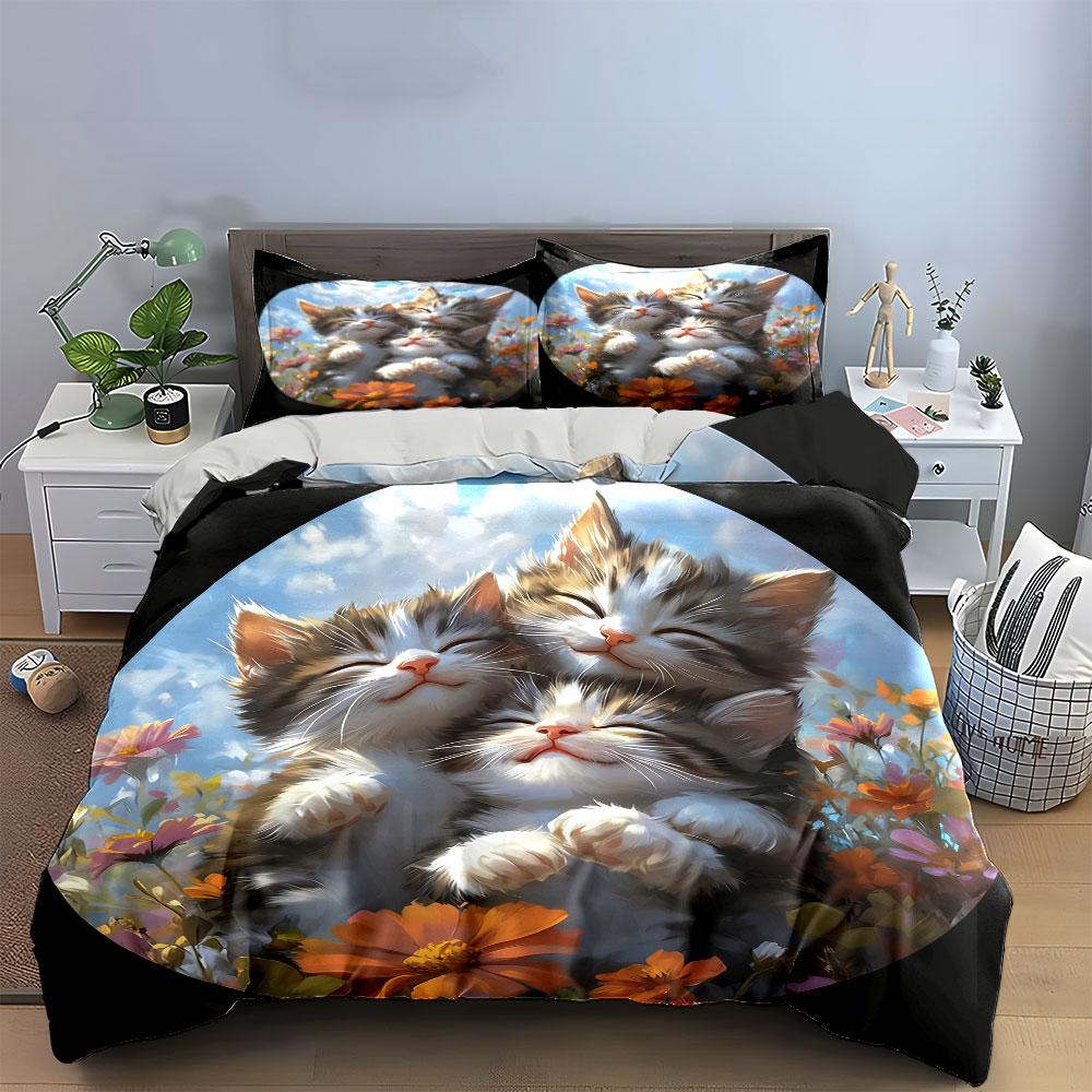 Cat Trio Decorative Set Soft Comfortable Duvet Cover Bedding Set Included 1*Duvet Cover & 2*Pillowcases, Gift