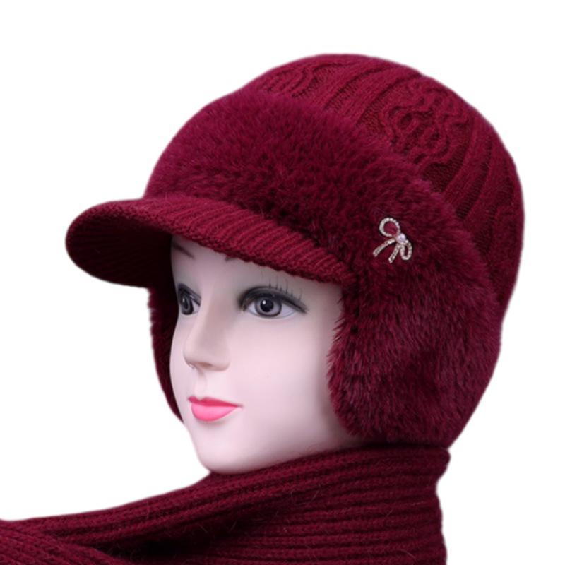 Women's Mink Velvet Winter Hat & Scarf Set - Warm Knitted Duckbill Cap with Ear Protection for Middle-Aged & Elderly.
