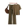 Summer Casual Fashion Versatile Round Neck Solid Color Short-sleeved Loose Knitted Hollow Wide-leg Pants Two-piece Set