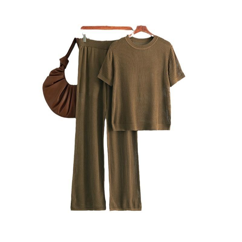 Summer Casual Fashion Versatile Round Neck Solid Color Short-sleeved Loose Knitted Hollow Wide-leg Pants Two-piece Set