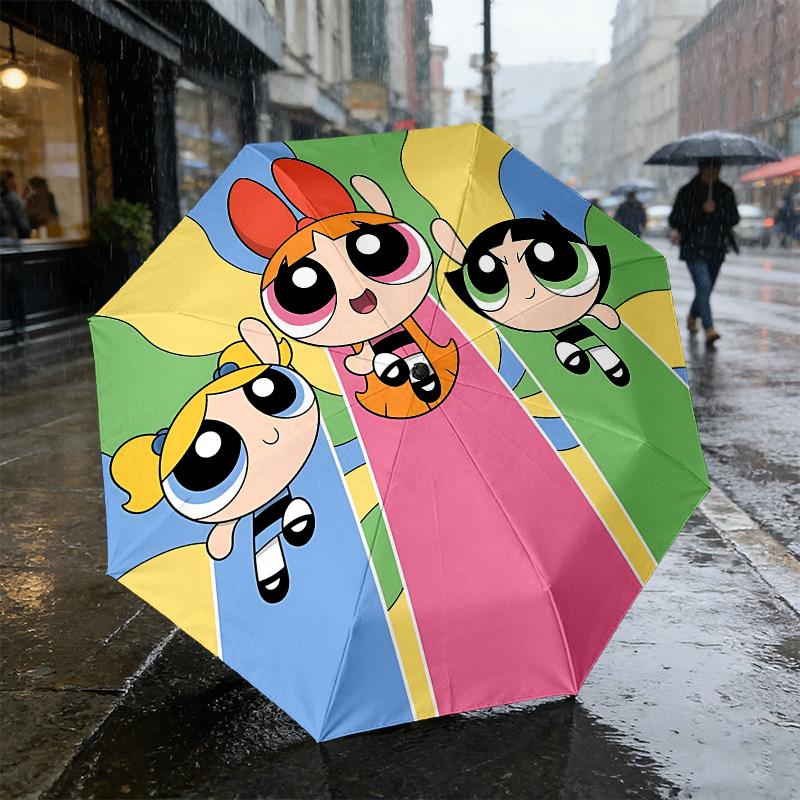 Powerpuff Girls 8 Ribs 3Fold Black Glue Uv Protection Umbrella Sun Protection Rainproof Compact Folding Umbrella For Travel Daily Use C92440