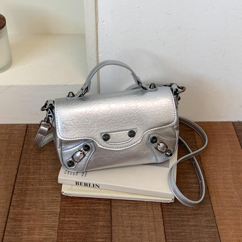 Silver Handbags Luxury Bag Fashion Ladies Moto Style Rivet Shoulder Crossbody Bags for Women Small Fla Pu Leather Messenger Bags