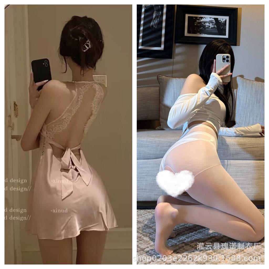 Sexy lace satin lingerie gentle wind perspective suspender nightdress low chest backless temptation miniskirt