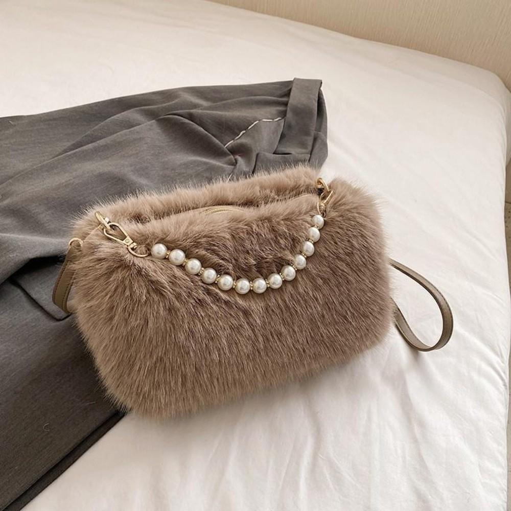 Fashi Faux Fur Shoulder Bag Soft Fluffy Plush Handbag Zipper Solid Color Crossbody Bag