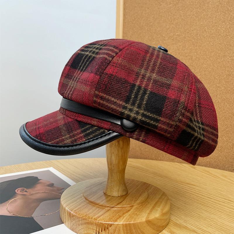 Plaid Octagonal Hat Women's Winter Literary and Retro Ankara Red Beret Cap Warm Face Newsboy Hat