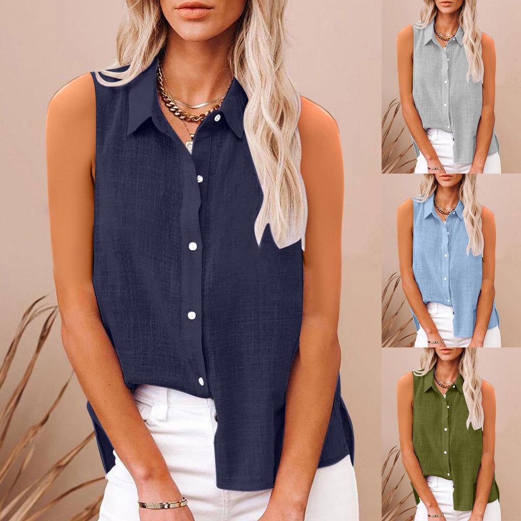2025 European and American summer popular lapel cotton and linen buttons, sleeveless shirts women's clothing, shirts