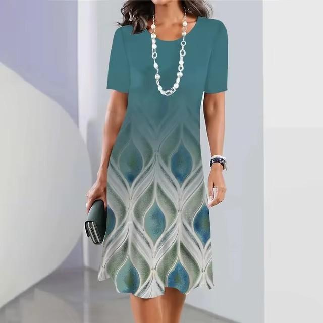 Elegant Women Short Sleeve Fashion 3d Print Midi Dress Plus Size Beach Clothing