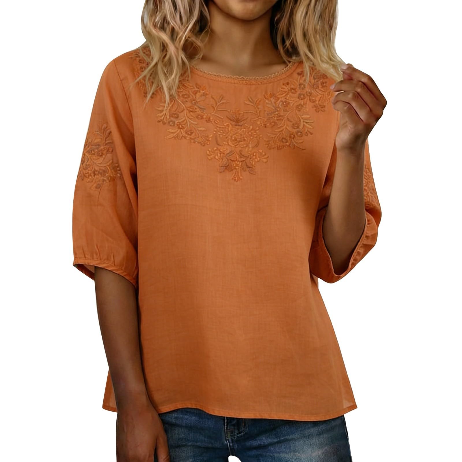 

Fashion Women s Shirt Five-quarter Sleeve Spring And Summer Loose Top Embroidered Shirt XL шафрановий