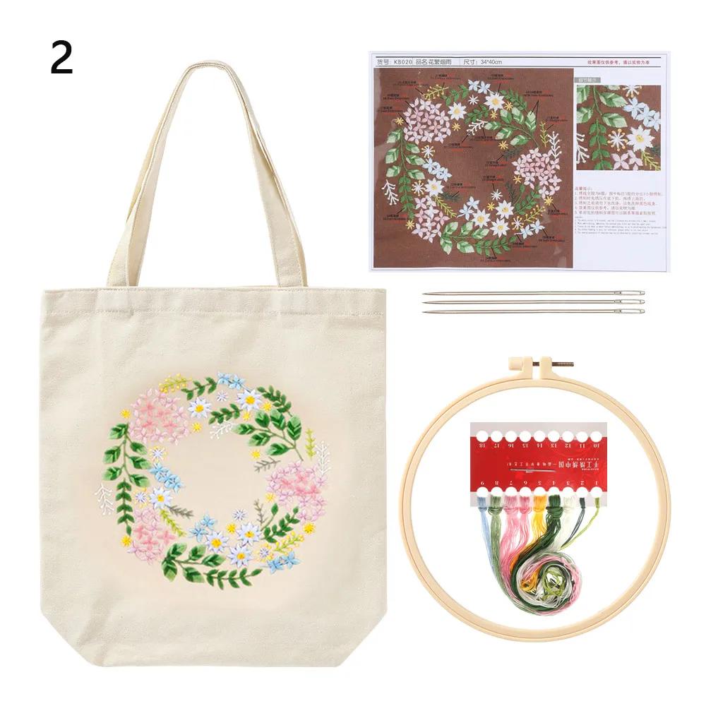 Canvas Tote Bag Embroidery Kit Flower Pattern DIY Needlepoint Kits Crafts Needle and Thread Kit Embroidery Kit for Beginners