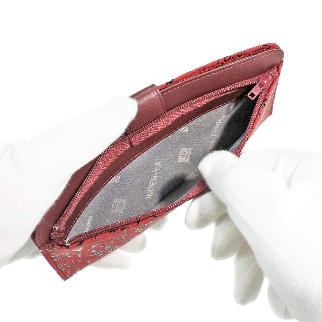 Indenya Inden Long Wallet, Large, Slim, Deerskin, Red with Black Lacquer, Floral Arabesque Pattern, 2107-03-041
