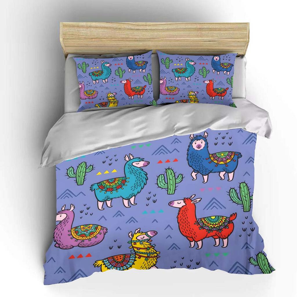 Cartoon Llamas With Cactus Background Print Bedding Set 1 Duvet Cover 2 Pillowcases For Adult And Children Luxury Gift Full Size