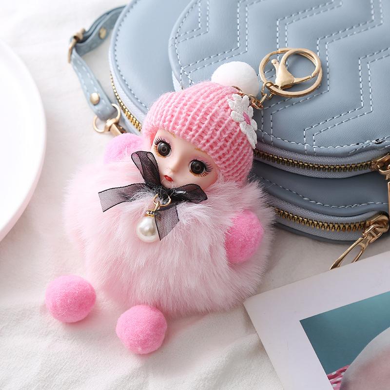 Cute Plush Keychain Imitation Rex Rabbit Fur Ball Keyring Big Eye Doll Pendant  Car Bag Charm